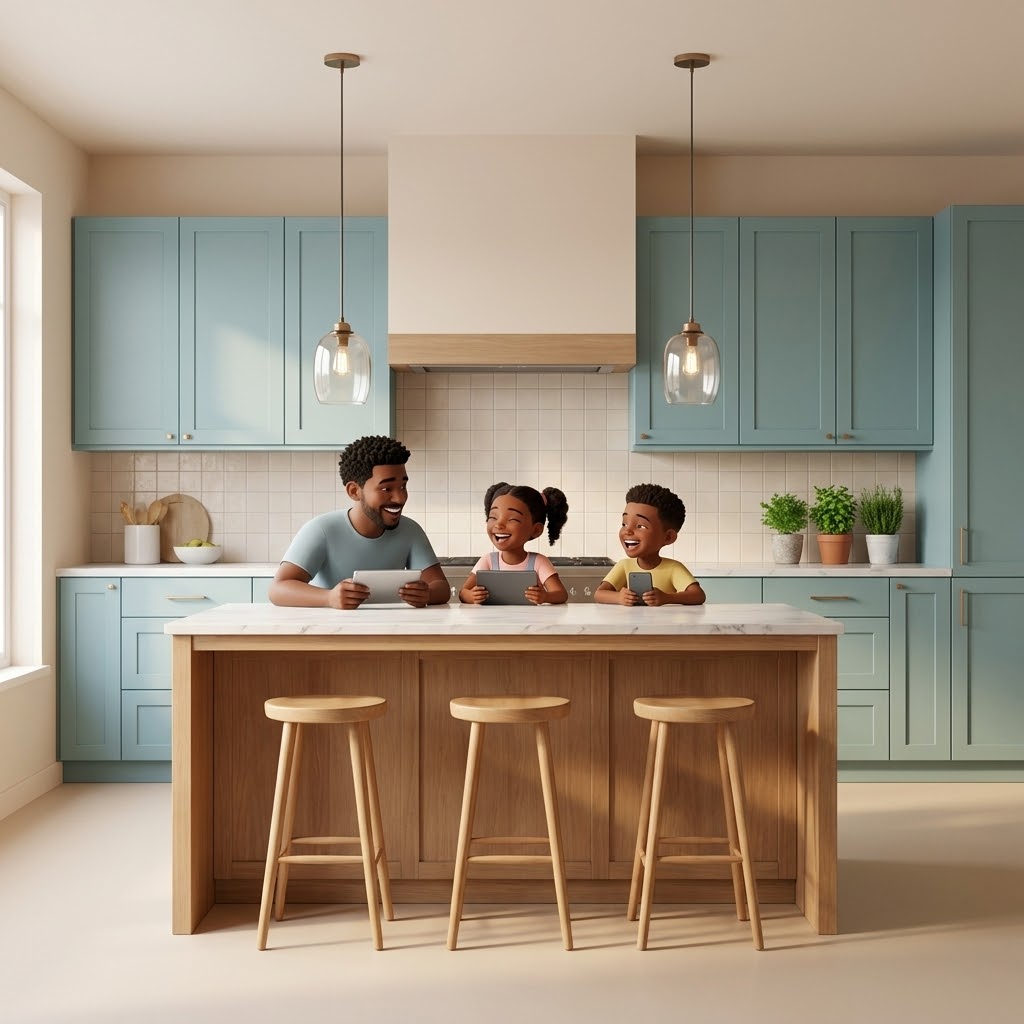A family coordinating shopping together in a modern kitchen